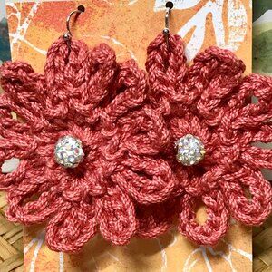 Delicate PINK DAISY EARRINGS Hand Crocheted by Me